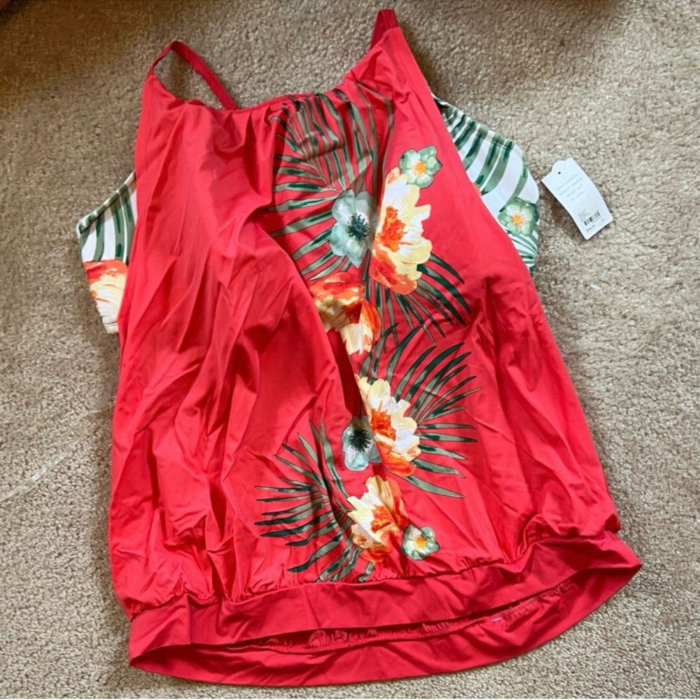 NEW** Cacique Red Floral Tankini Top Sz 22